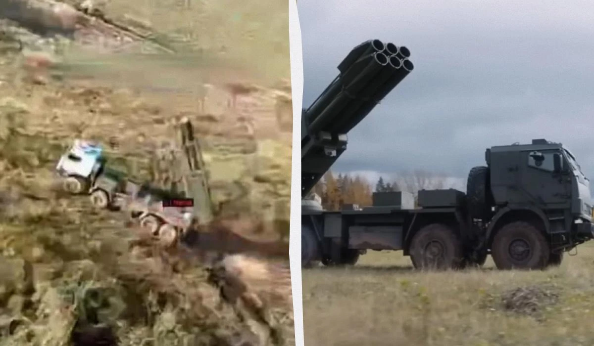 Відео ураження російської РСЗВ «Сарма» ударним дроном літакового типу на Добропільському напрямку, опубліковане 1-м корпусом