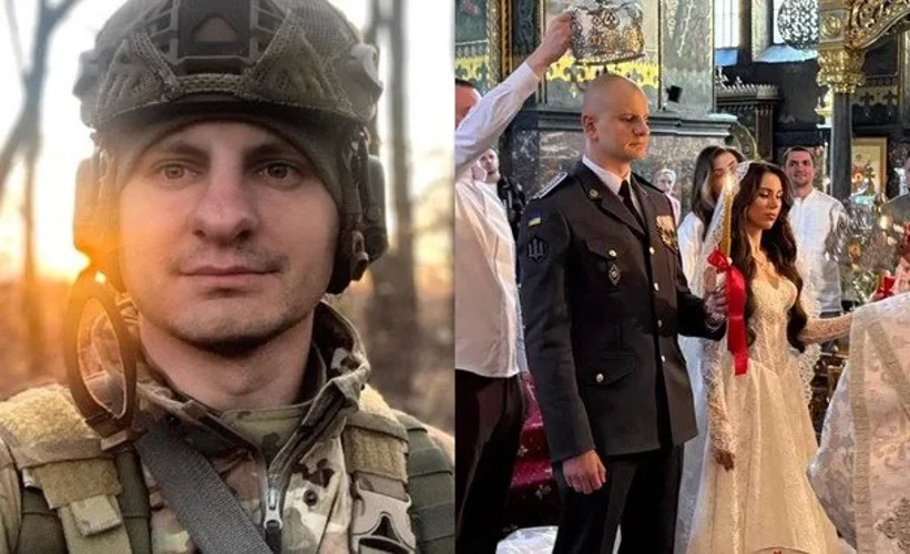 Євген Карась у військовій формі та Катерина Шведенко у білій мереживній сукні з довгою фатою під час вінчання